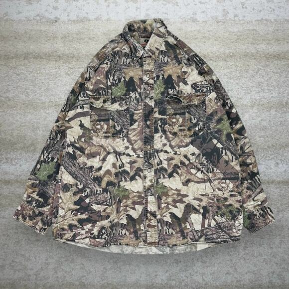 Vintage Mossy Oak Hunting Camo Button Up Shirt Cotton Long Sleeve Woodland 90s - Picture 1 of 3